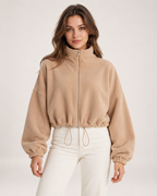 Women’s beige fleece jacket close front hero view