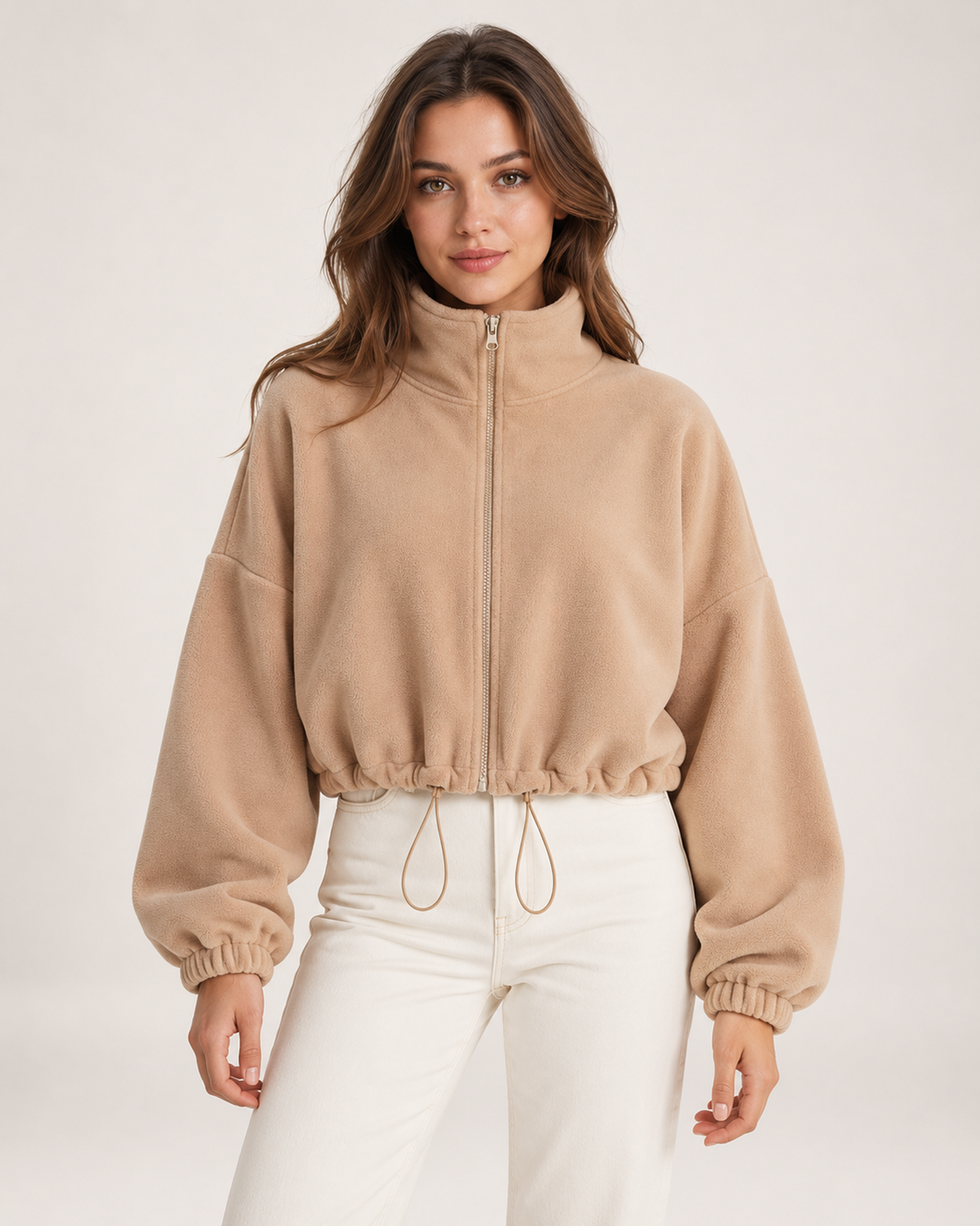 Women’s beige fleece jacket close front hero view