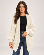 Women's Balloon Sleeve Cardigan with Chunky Knit beige front view
