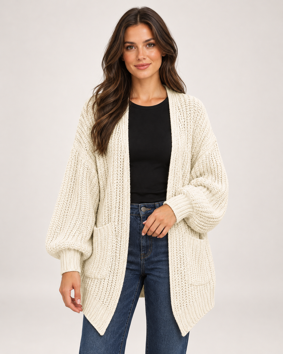 Women's Balloon Sleeve Cardigan with Chunky Knit beige front view