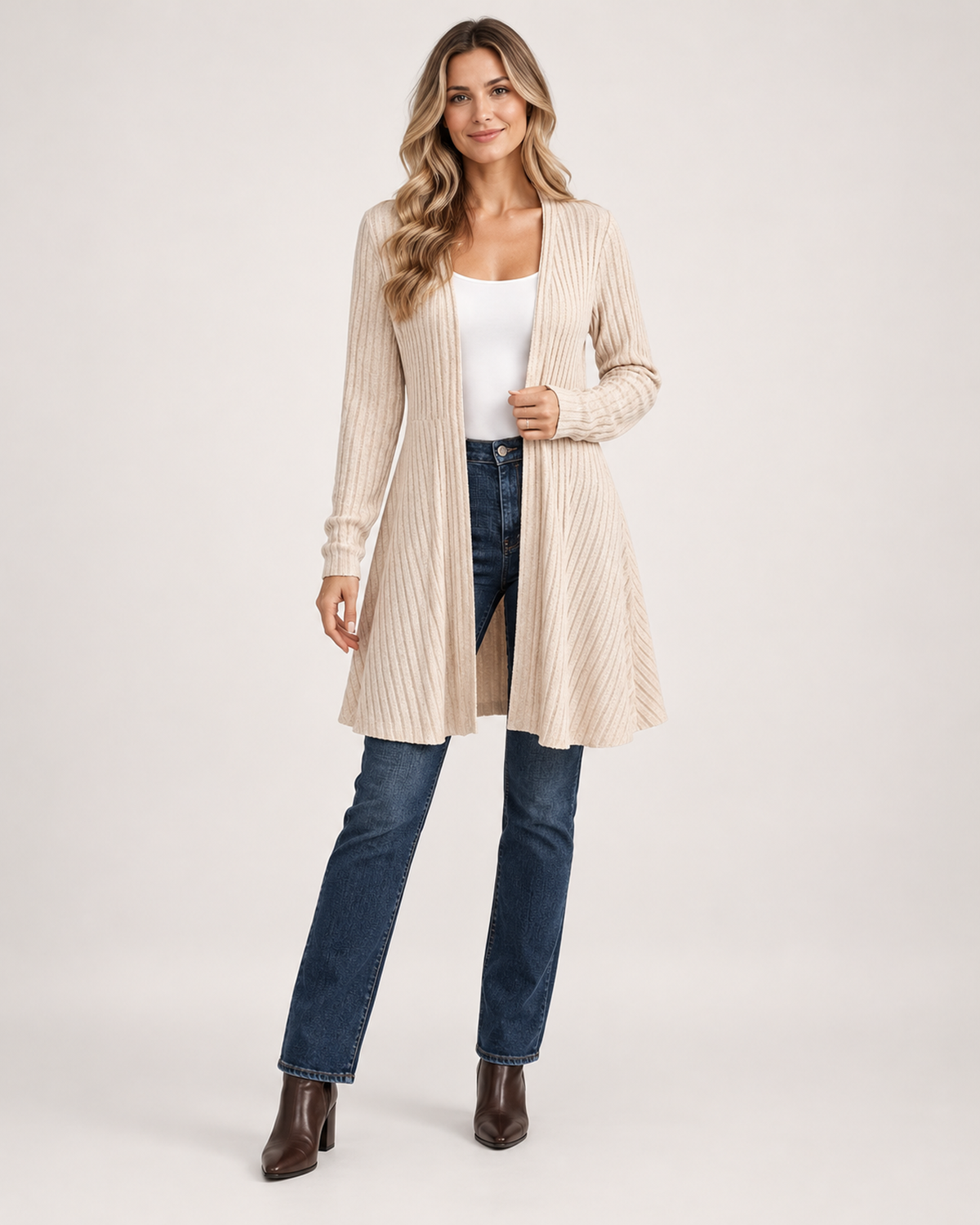 Women's Longline Cardigan with Open Front beige front view