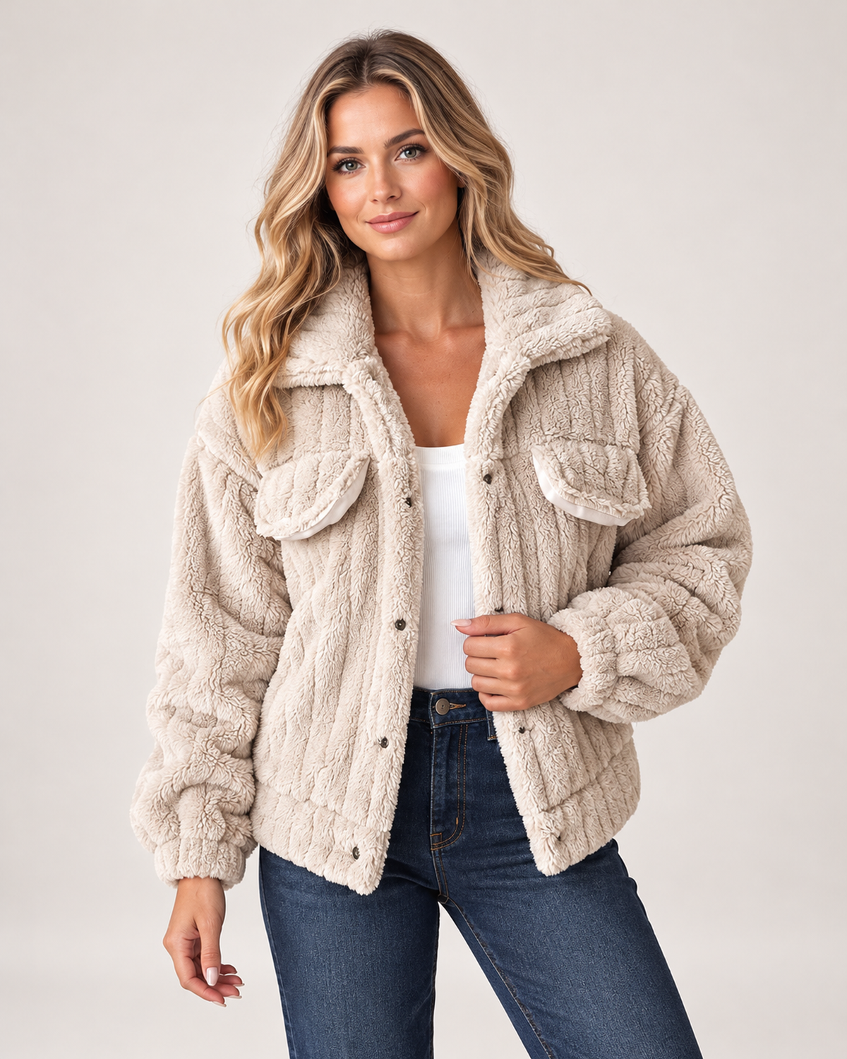 Women's Borg Jacket with Collar and Chest Pockets beige front view