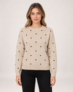 Women's beige polka dot crew neck sweater front view