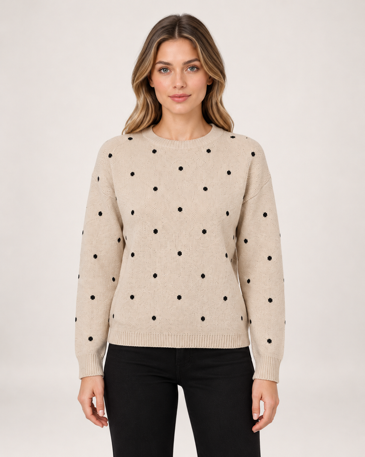 Women's beige polka dot crew neck sweater front view