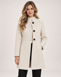 Women's Mid Length Coat with Collarless Neck beige front view