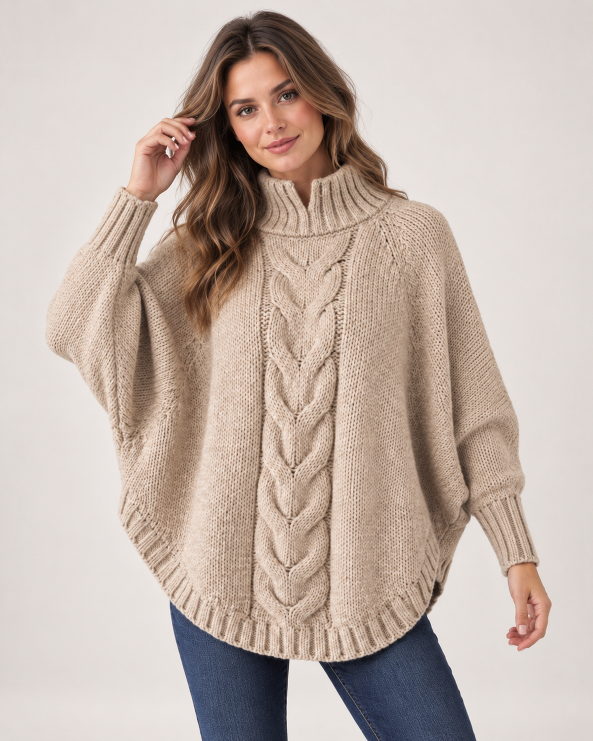 Women's Cable Knit Jumper with High Neck and Batwing Sleeves beige front view
