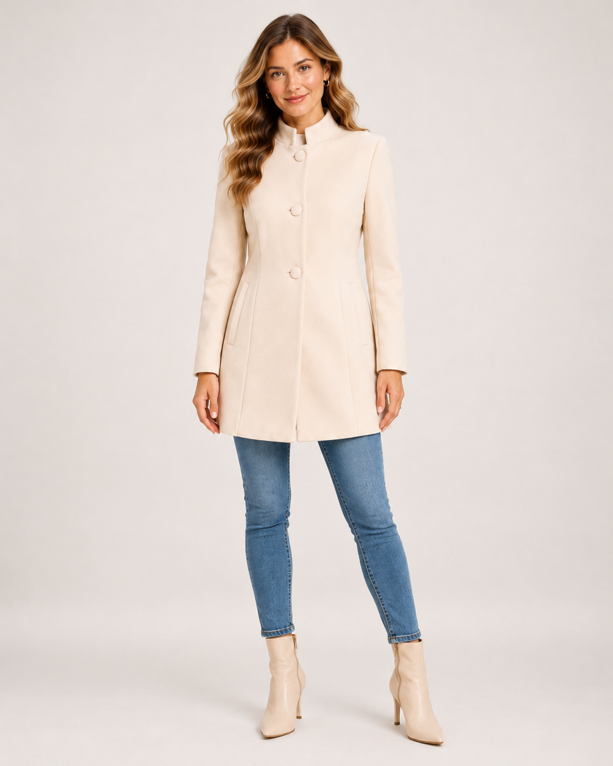 Women's Stand-Collar Longline Blazer beige front view