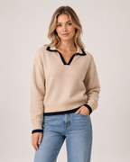 Women's V Neck Collared Knitted Jumper beige front view
