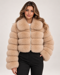 Women's Faux Fur Jacket with Cropped Shape and Wide Collar beige front view