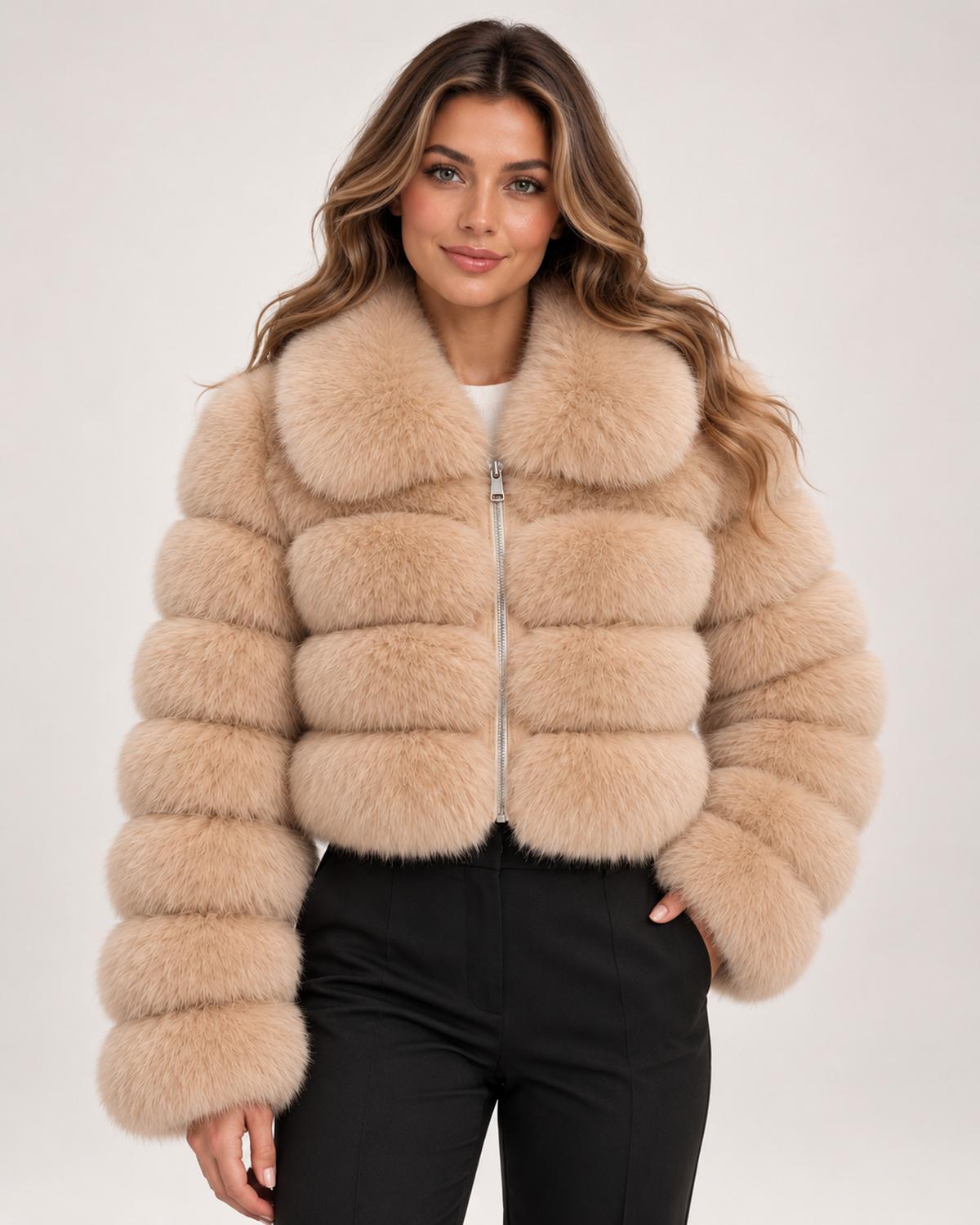 Women's Faux Fur Jacket with Cropped Shape and Wide Collar beige front view