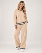 Women's Co-Ord Set with Jumper and Wide Leg Trousers beige front view