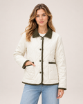 Women's Quilted Jacket – Lightweight Contrast Trim Button-Up Coat beige front view