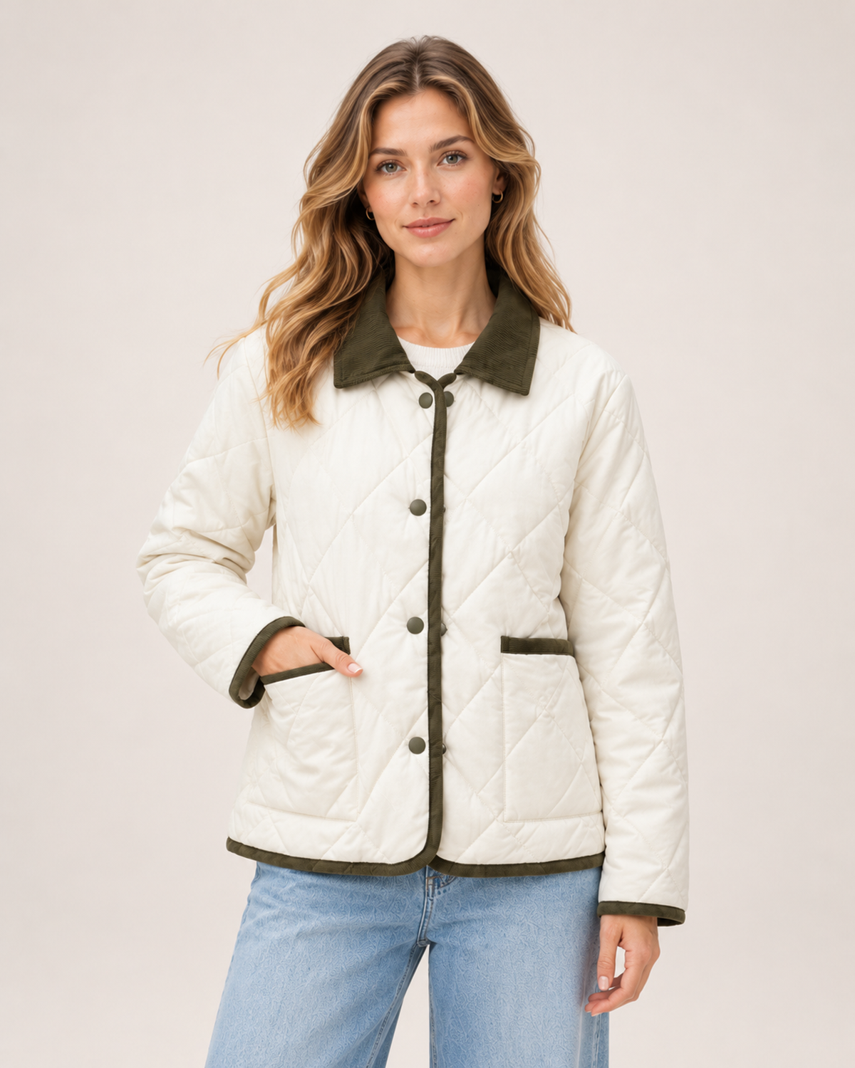 Women's Quilted Jacket – Lightweight Contrast Trim Button-Up Coat beige front view