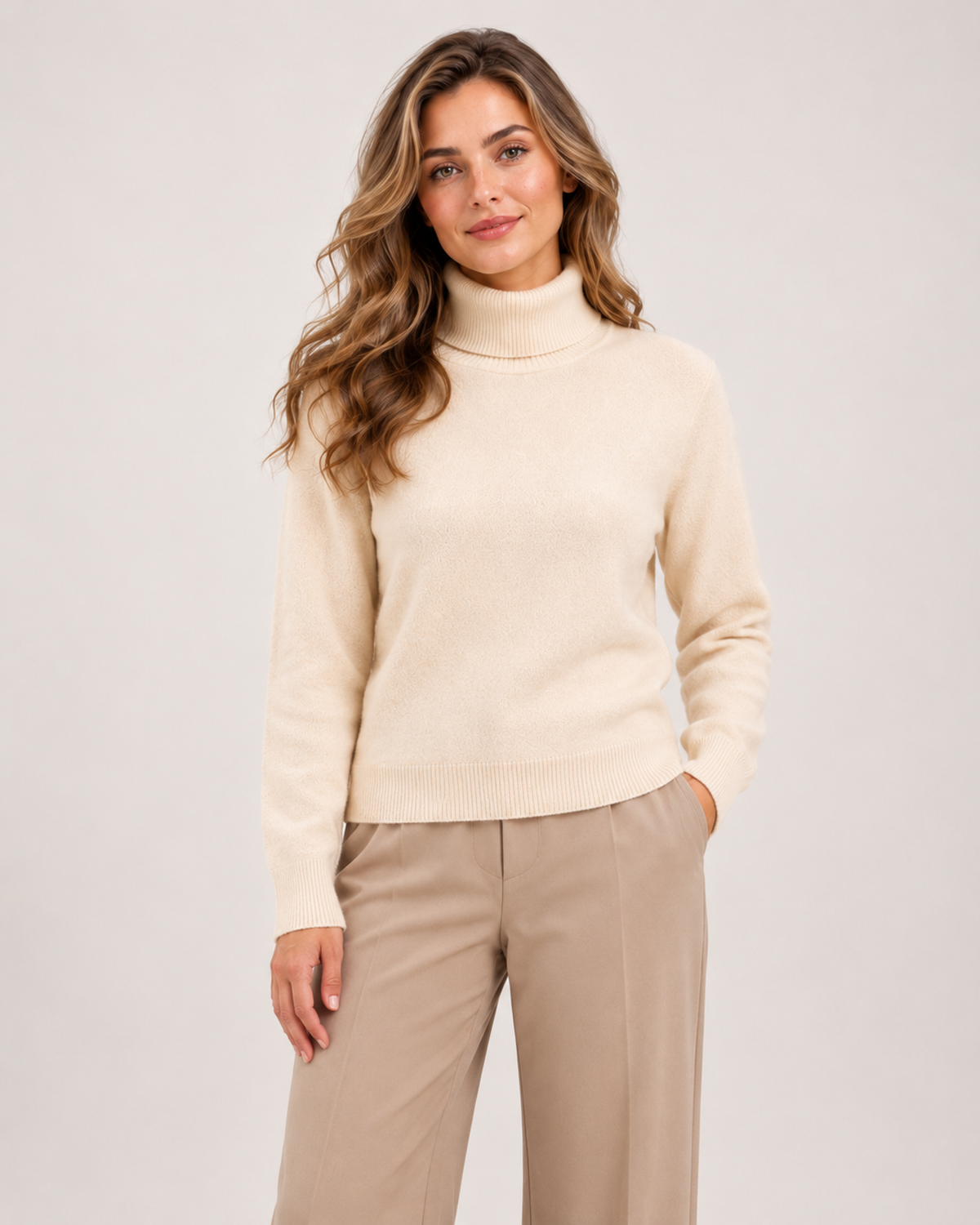Women's Turtleneck Roll Neck Sweater beige front view