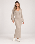 Women’s Two-Piece Set with Maxi Dress and Hooded Cardigan in Beige, full body view