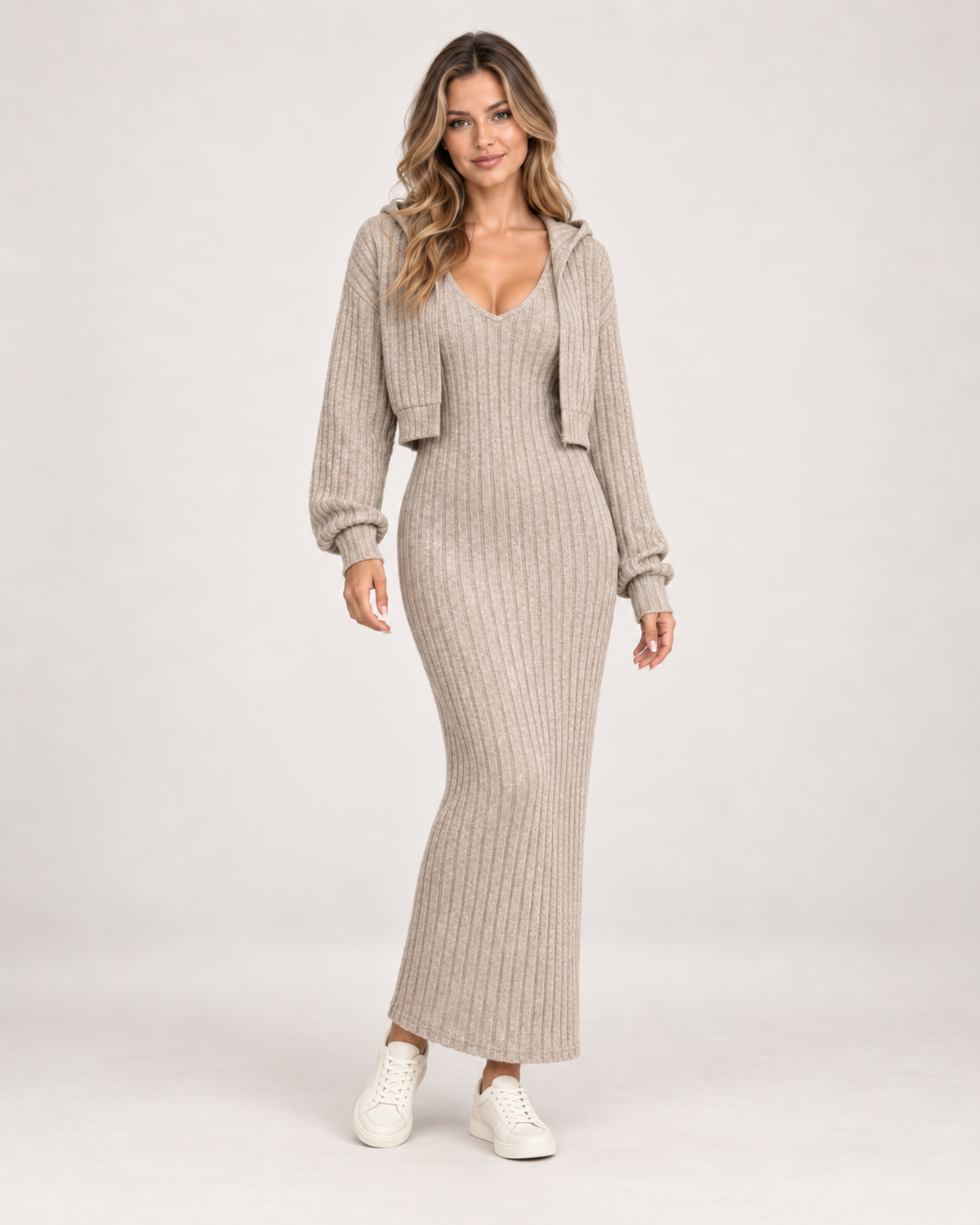 Women’s Two-Piece Set with Maxi Dress and Hooded Cardigan in Beige, full body view