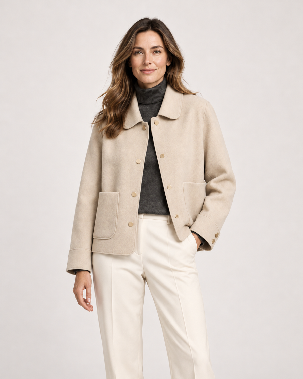 Women’s Short Jacket with Button Front and Patch Pockets in Beige, lower body product focus view