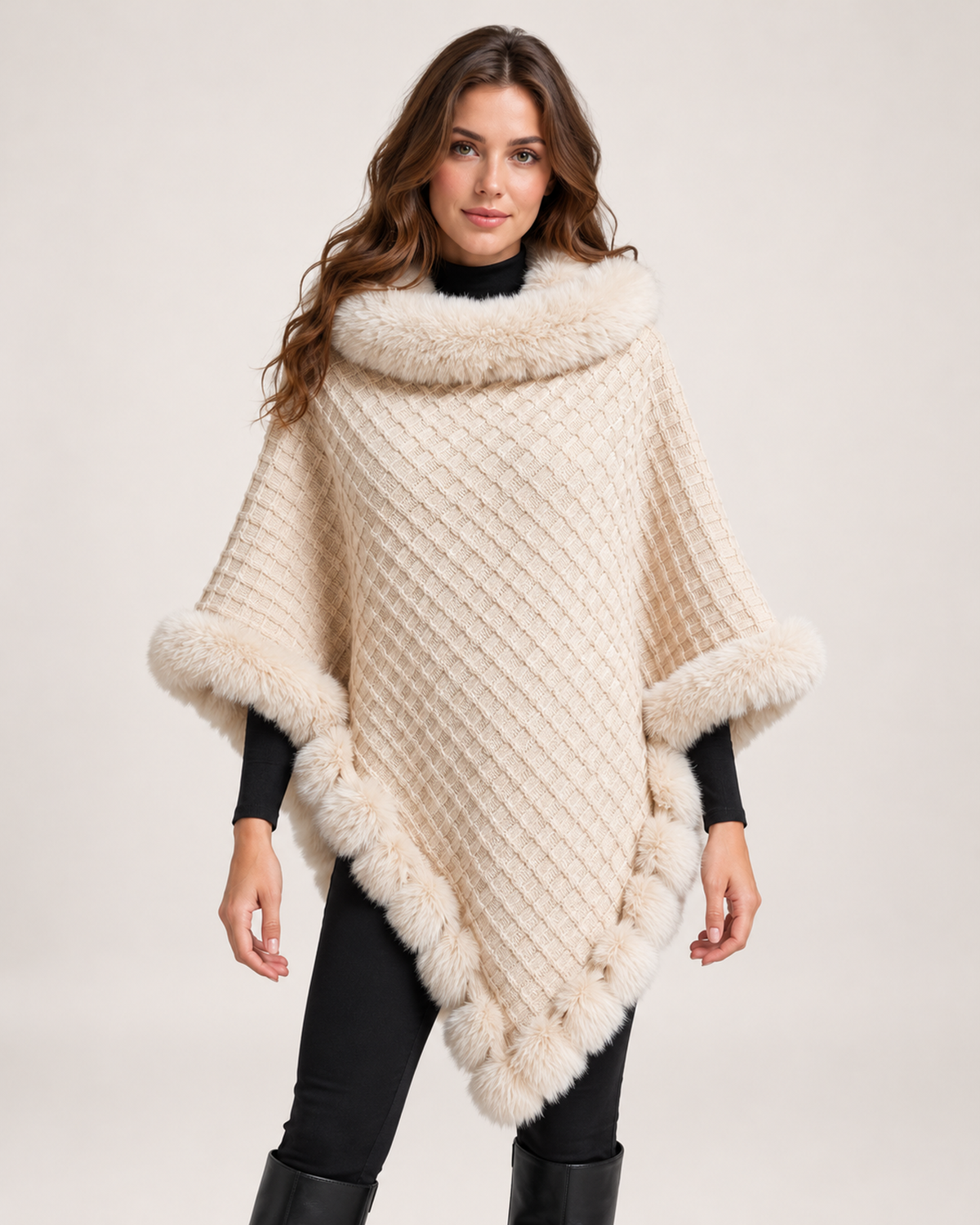 Women's beige cape coat with faux fur trim front view
