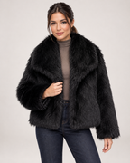 Women's Faux Fur Jacket with Wide Lapel Collar black front view