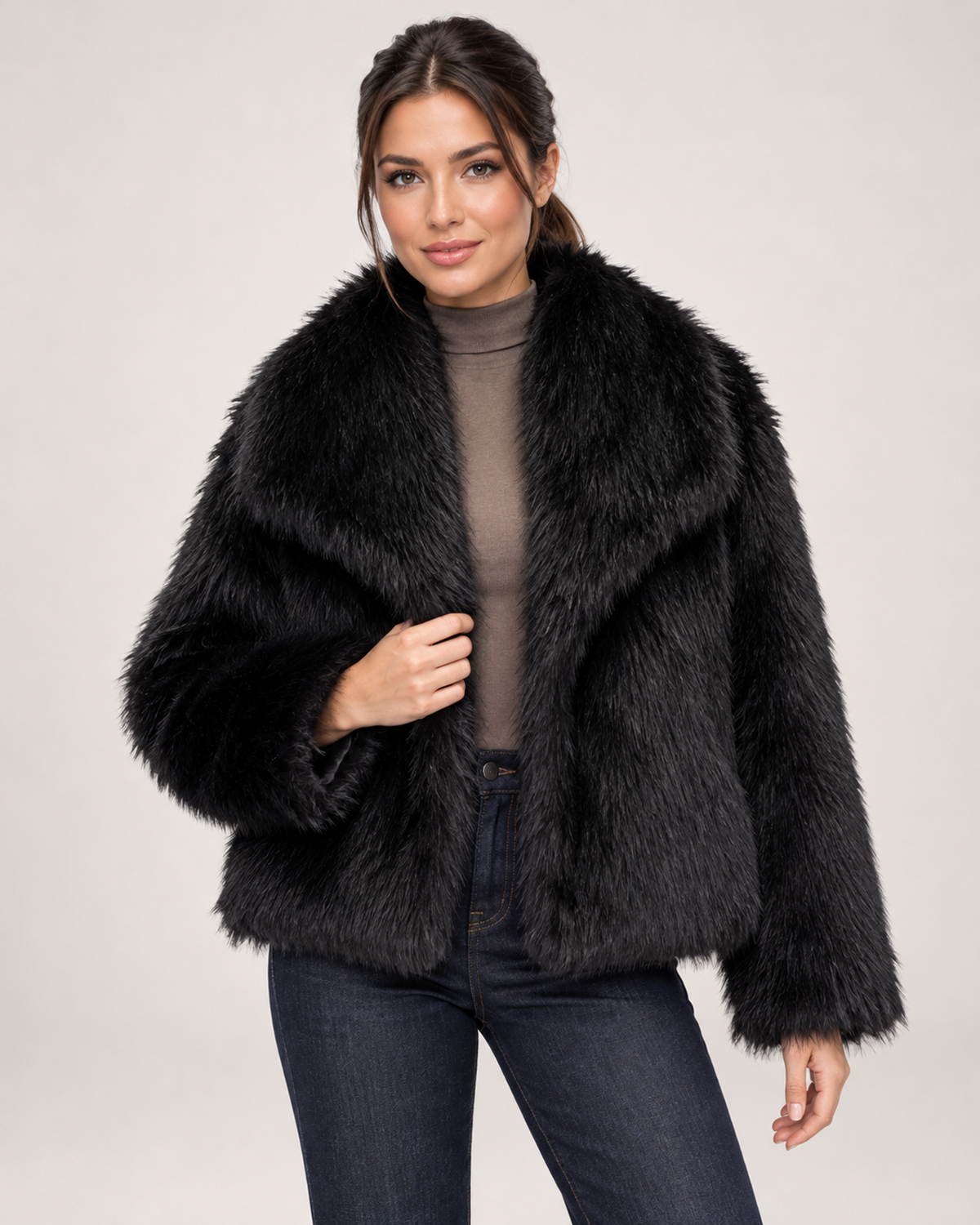 Women's Faux Fur Jacket with Wide Lapel Collar black front view