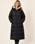 Women's black long puffer coat with hood front view