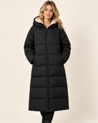 Women's black long puffer coat with hood front view
