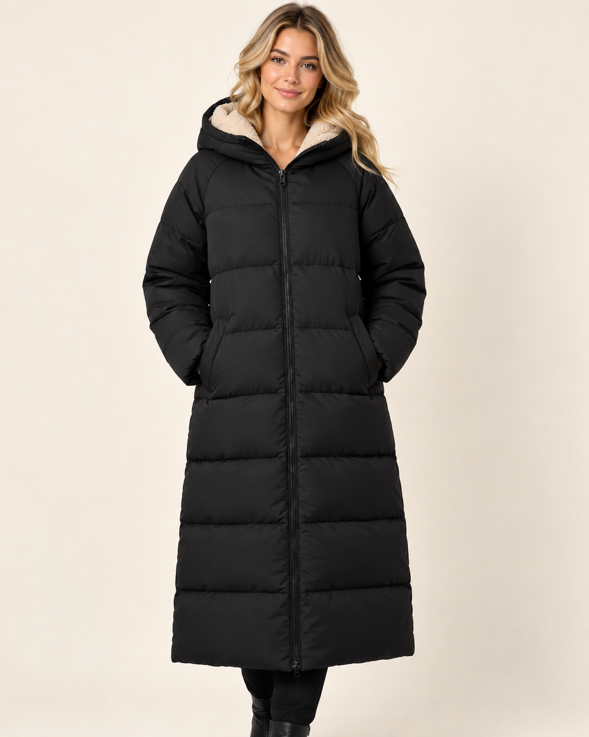 Women's black long puffer coat with hood front view