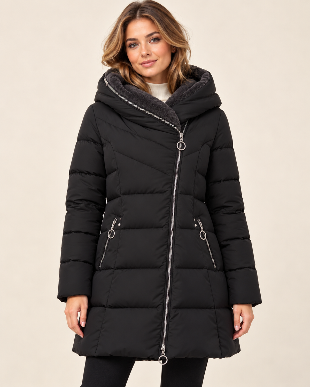 Women's black long puffer jacket with asymmetric zip front view