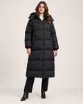 Women's black long hooded puffer coat closed front view