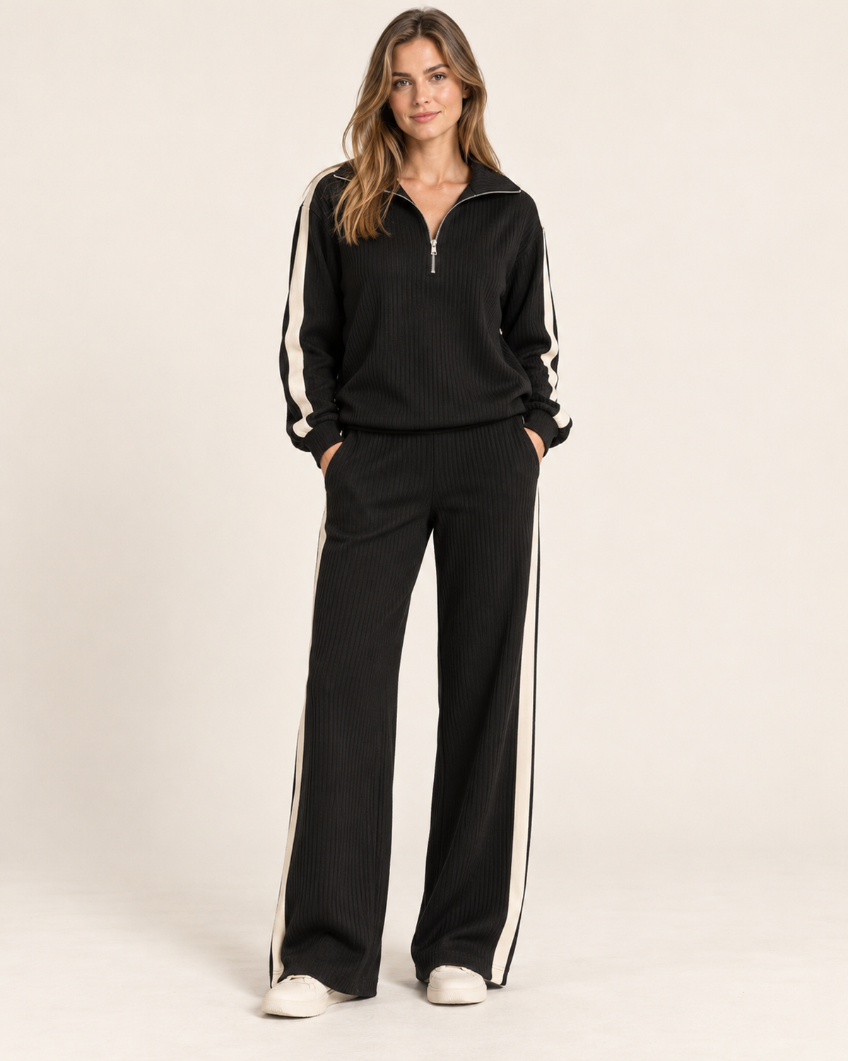 Women's black half zip co-ord set full outfit view