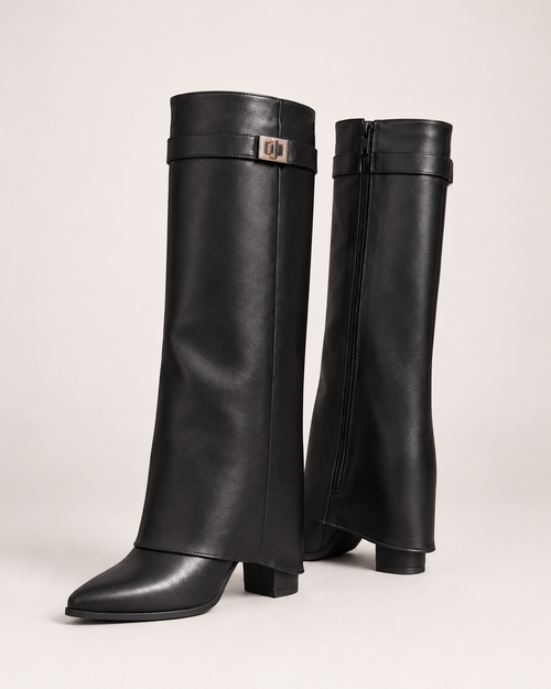 Women's black knee high boots pair with low block heels