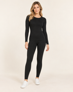 Women's black crew neck thermal base layer set front view