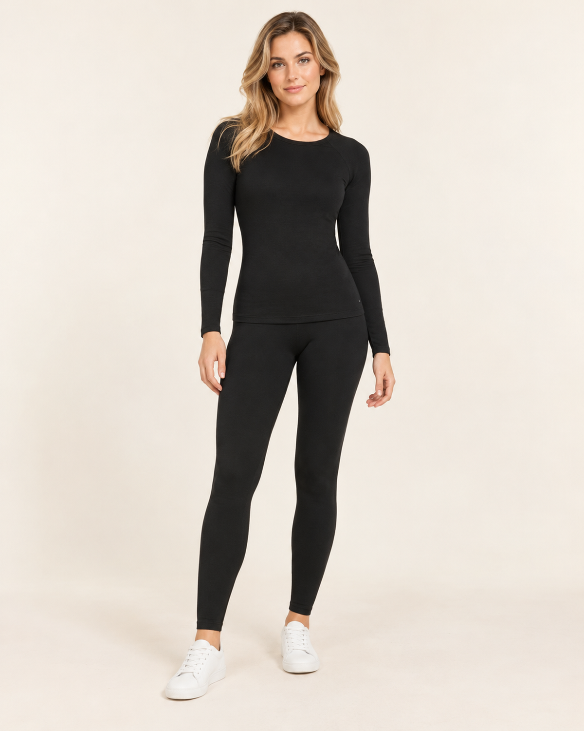 Women's black crew neck thermal base layer set front view