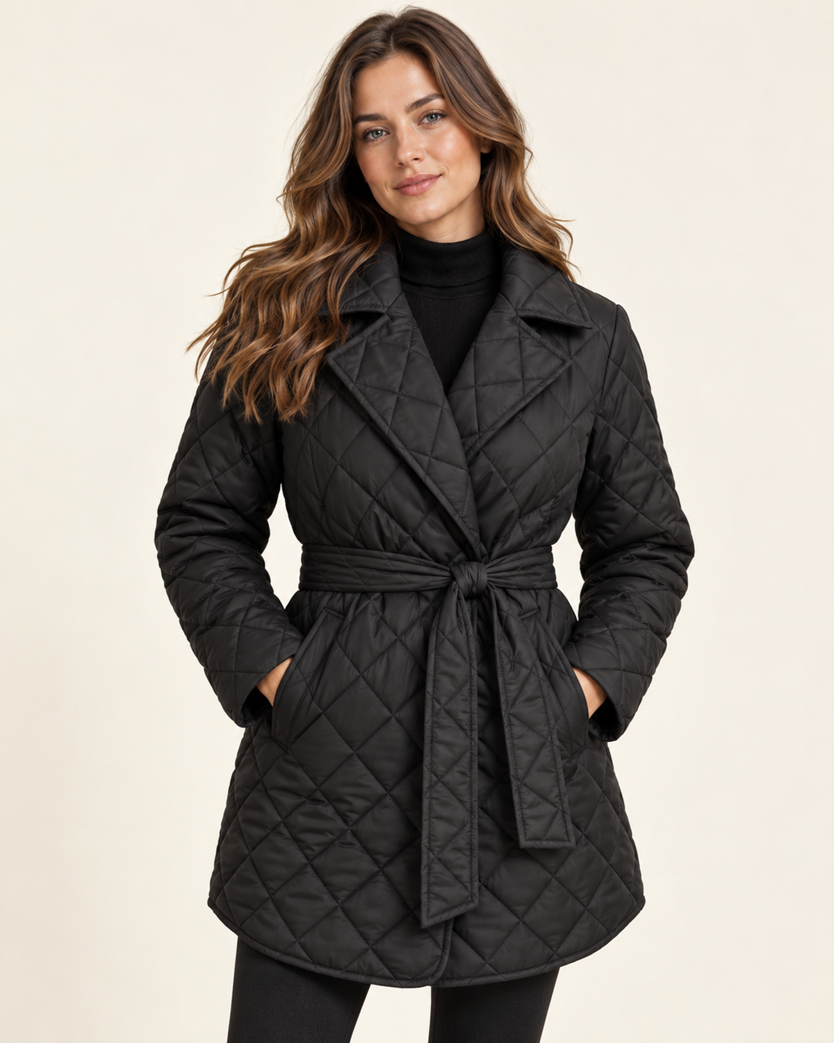 Women's black quilted belted lapel coat front view