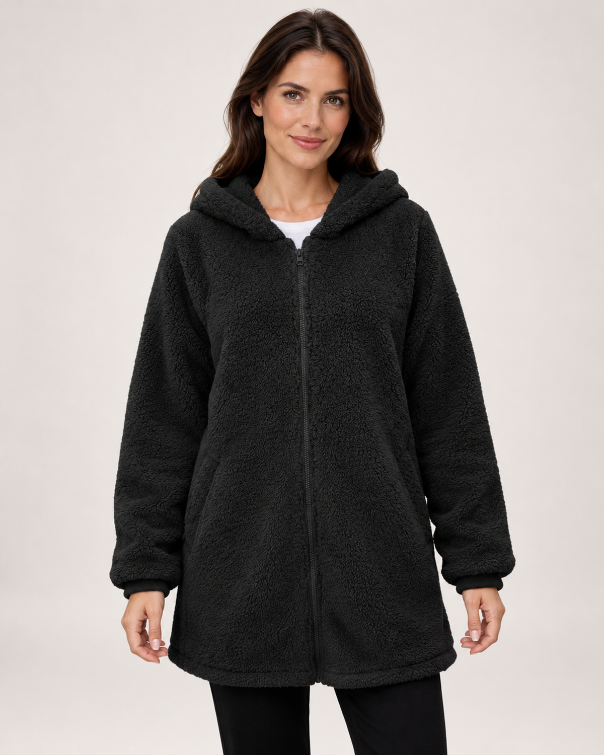 Women's black fleece hooded jacket front view