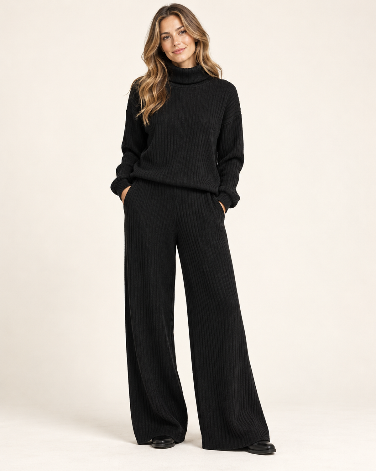 Women's black knitted roll neck co-ord set front view