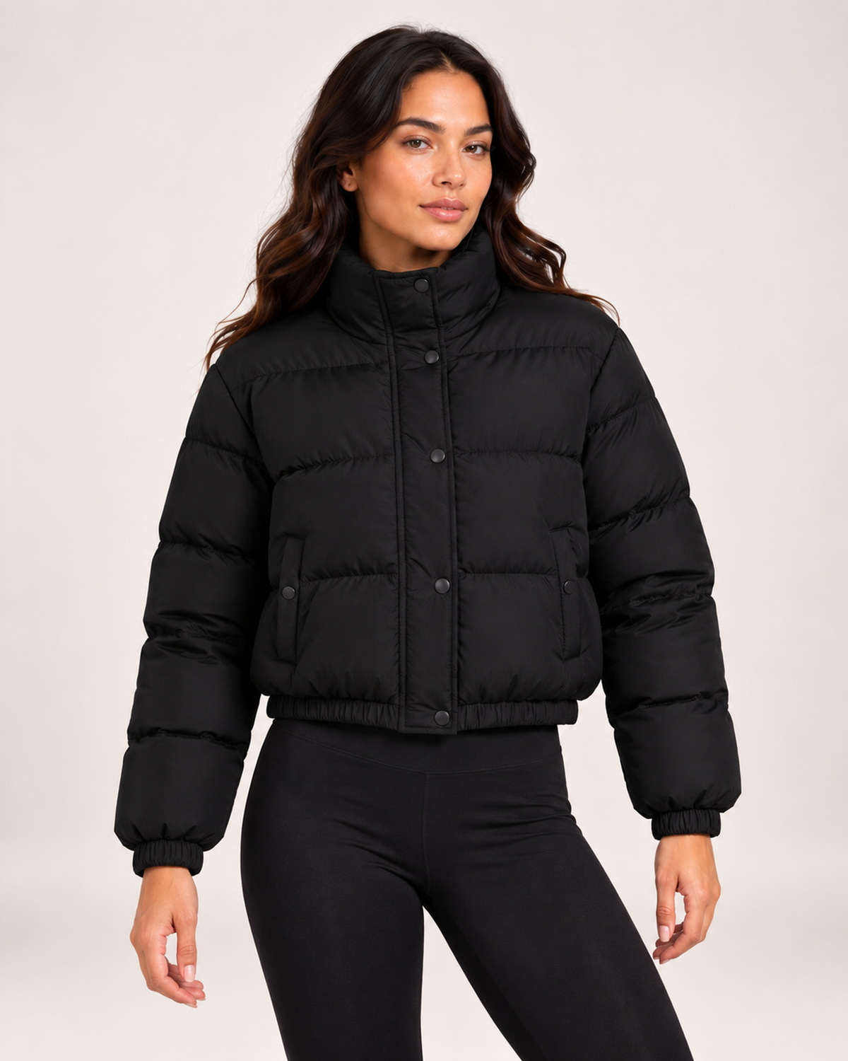 Women's black padded quilted cropped bomber jacket front view