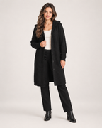 Women's Longline Cardigan with Hood and Button Front black front view