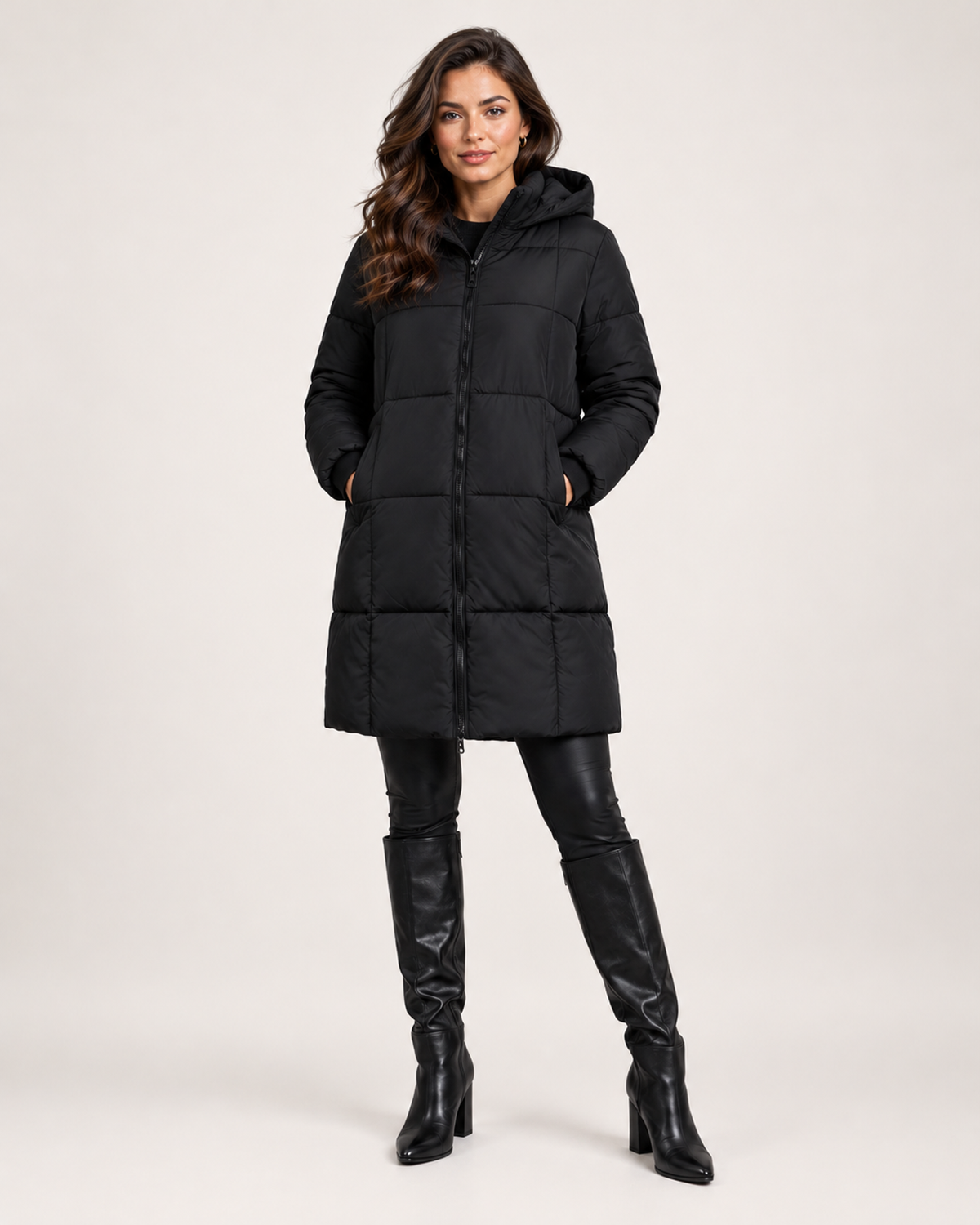 Women's Longline Padded Puffer Coat with Hood black front view