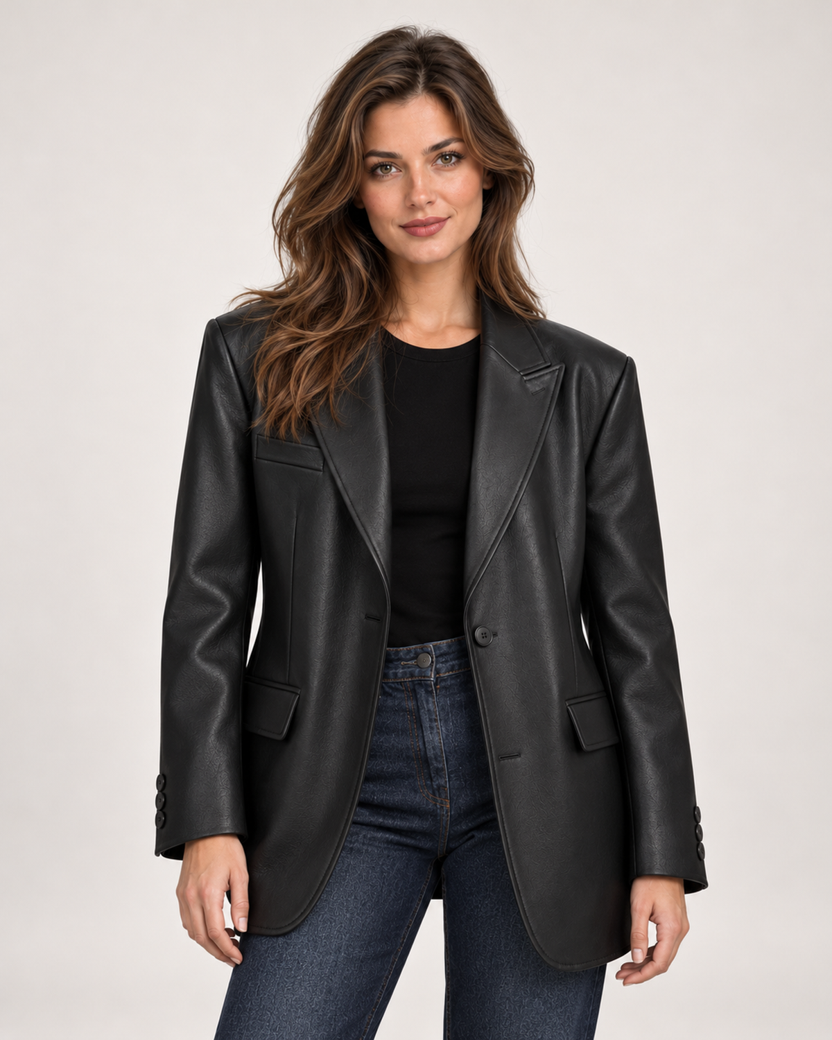 Women's Faux Leather Blazer with Oversized Fit black front view
