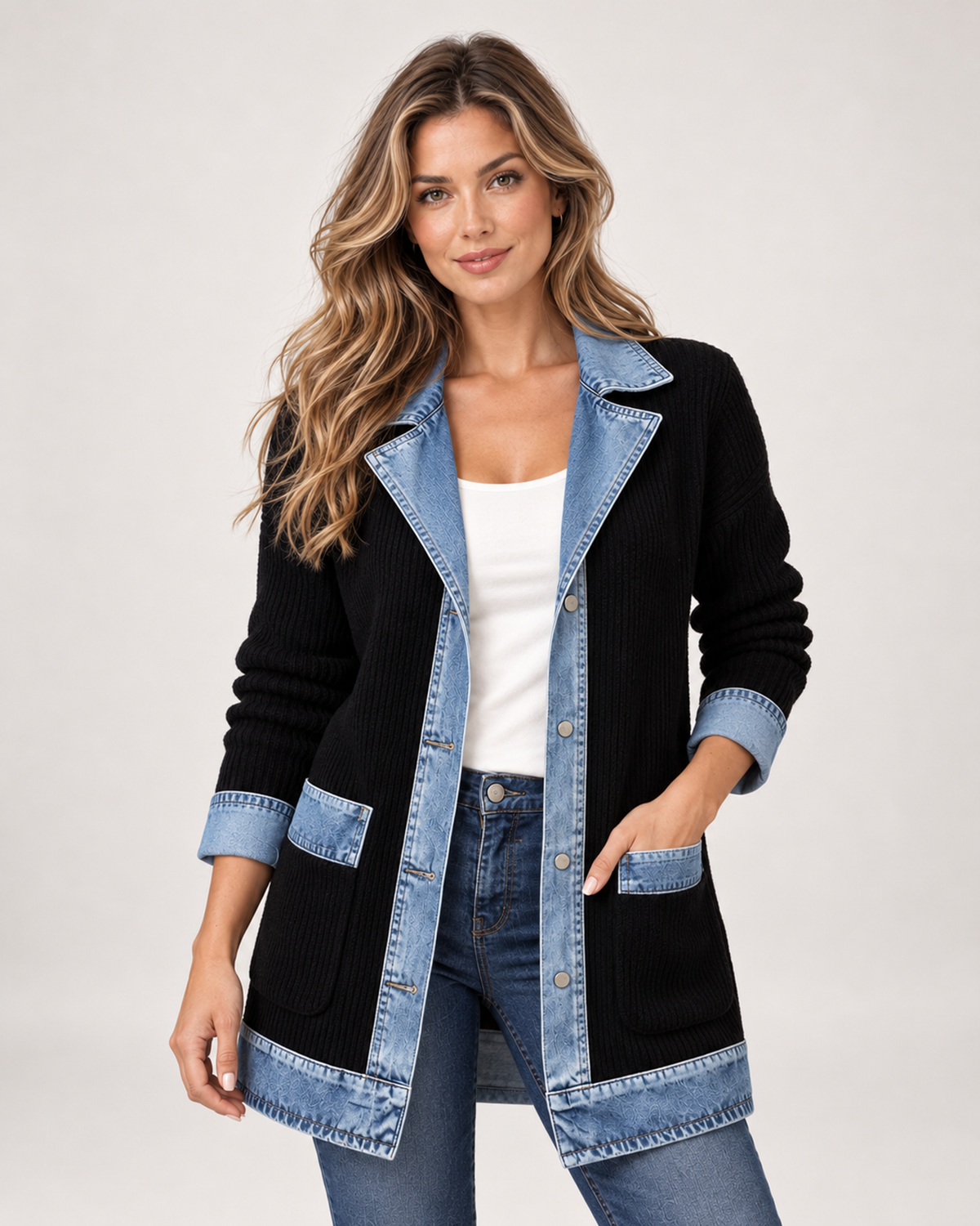 Women's Coatigan with Denim Collar and Button Front black front view