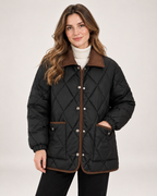 Women's Quilted Jacket with Contrast Collar black front view