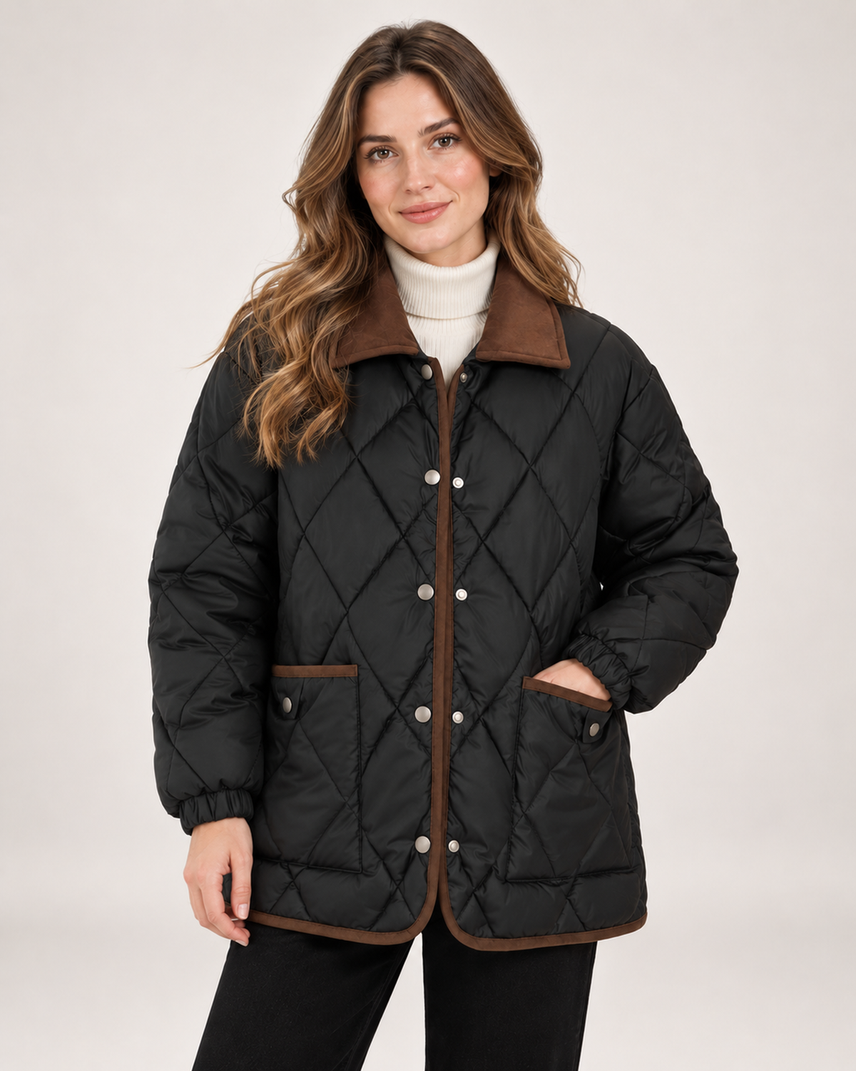 Women's Quilted Jacket with Contrast Collar black front view
