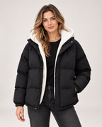 Women's Hooded Puffer Jacket with Teddy Fleece Lining black front view