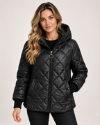 Women's Quilted Jacket with Hood and Zip Front black front view
