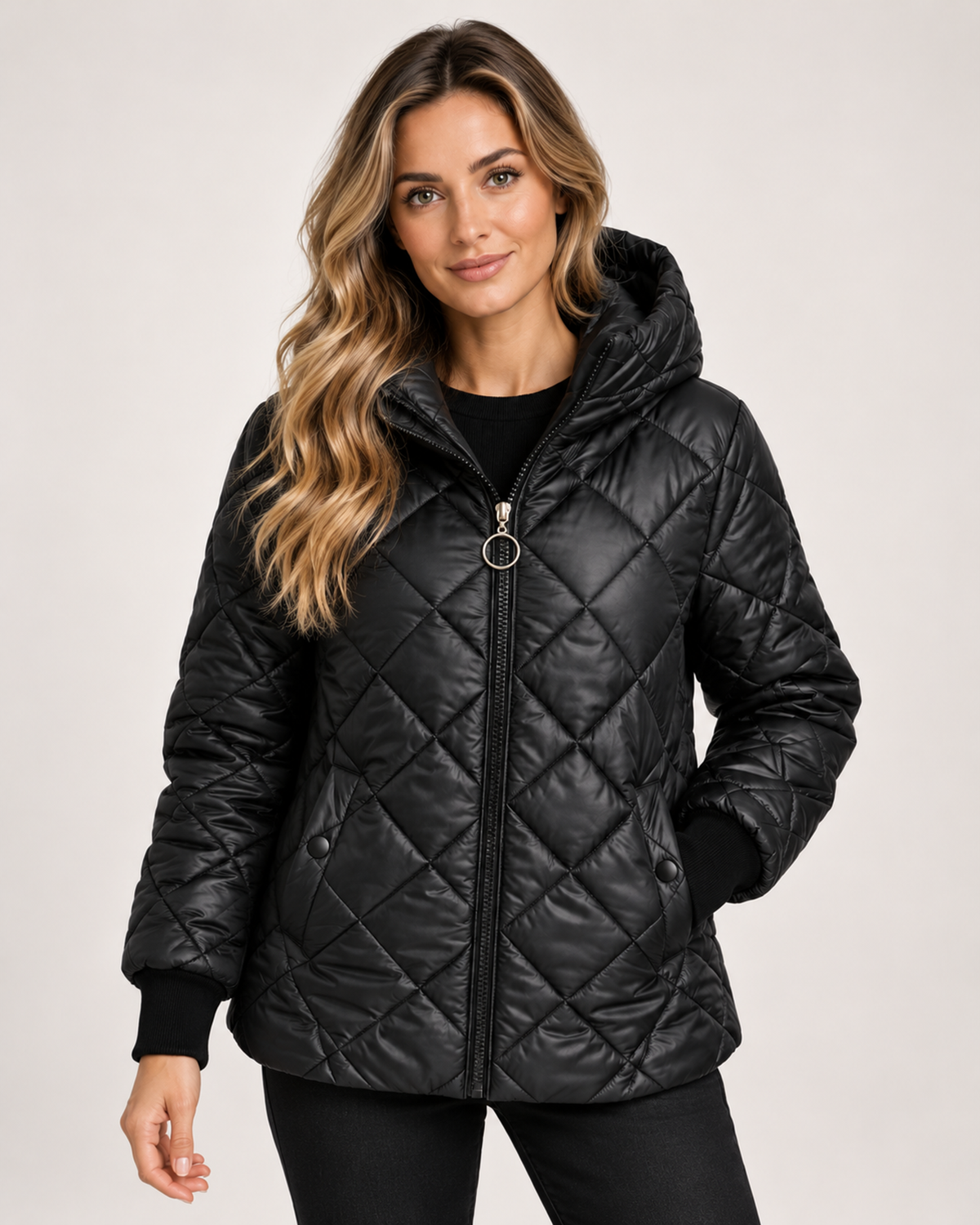Women's Quilted Jacket with Hood and Zip Front black front view