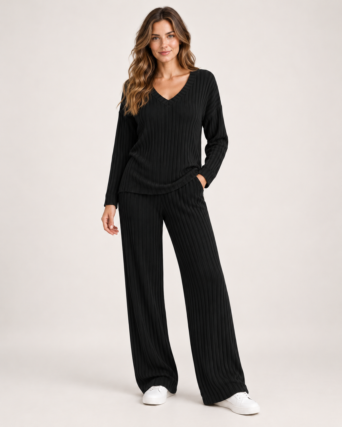 Women's Co-Ord Set with Ribbed V-Neck Top and Wide Leg Trousers black front view