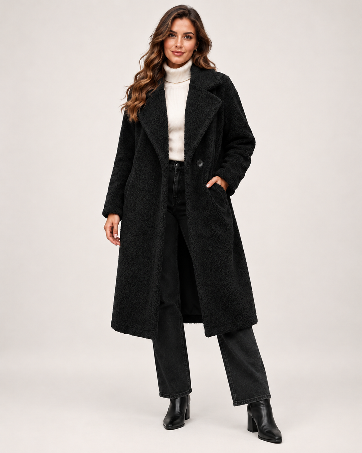 Women's Borg Coat with Long Shape and Lapel Collar black front view