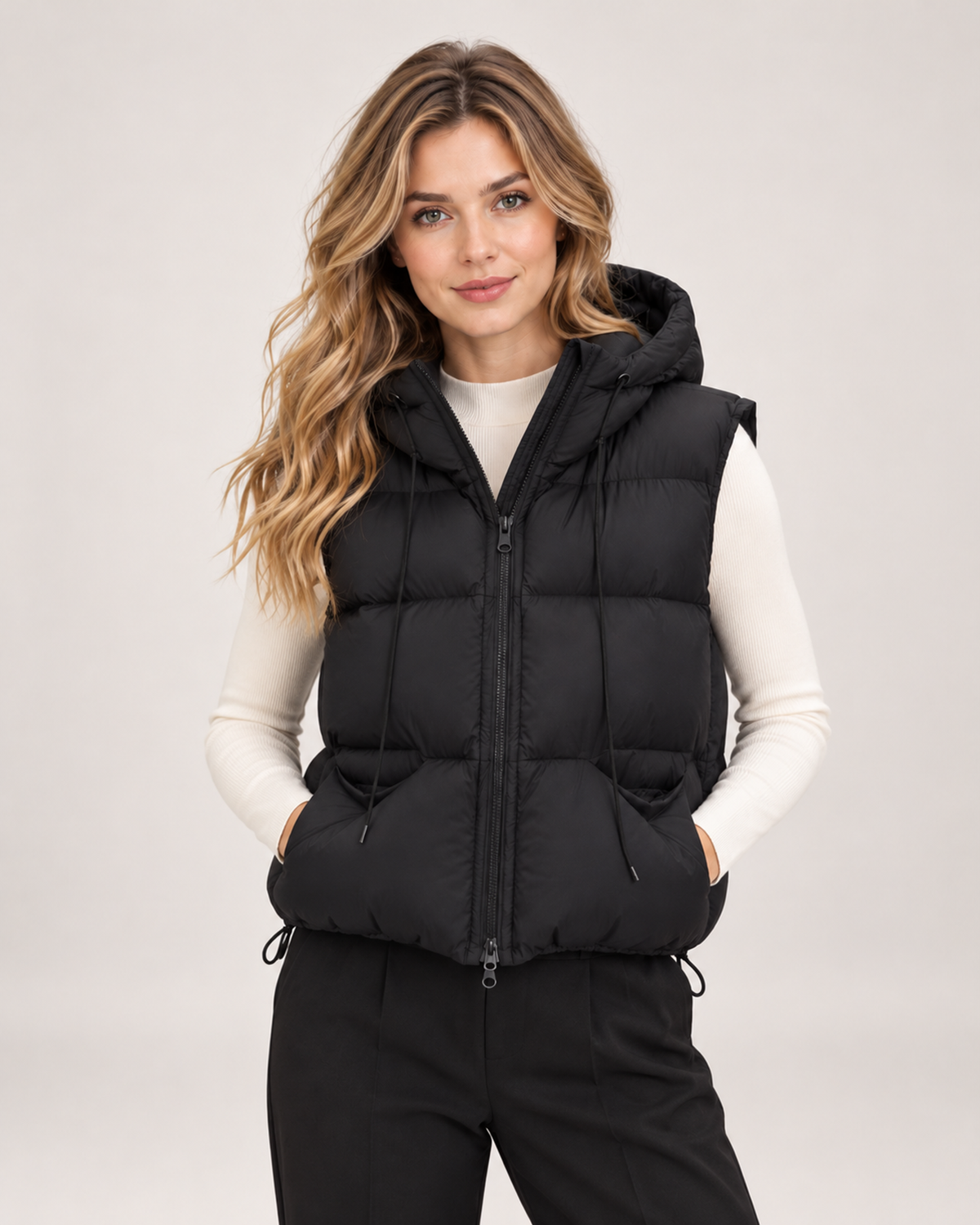 Women's Hooded Gilet with Padded Design and Drawstring Hem black front view