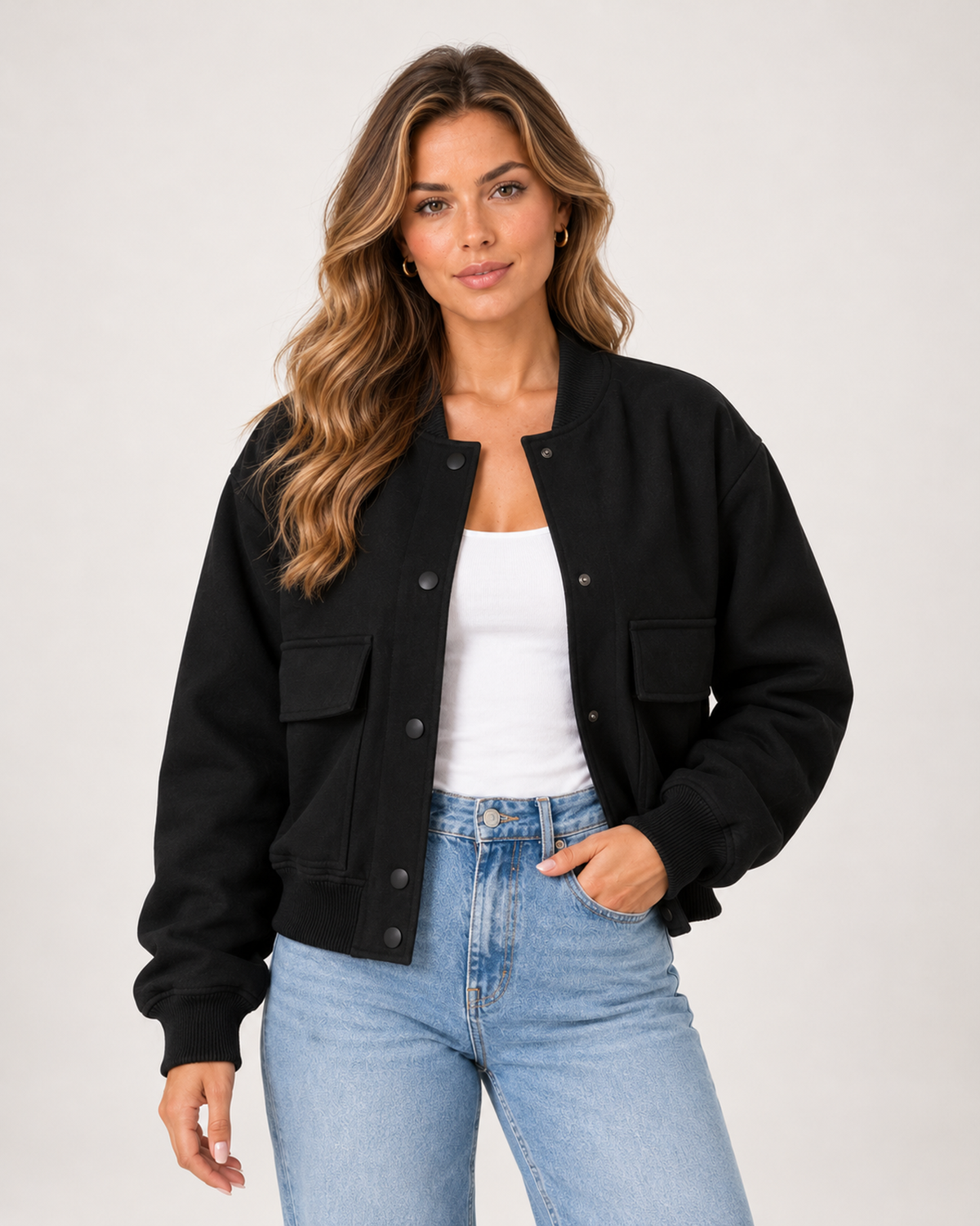 Women's Oversized Bomber Jacket – Button Front Casual Jacket black front view